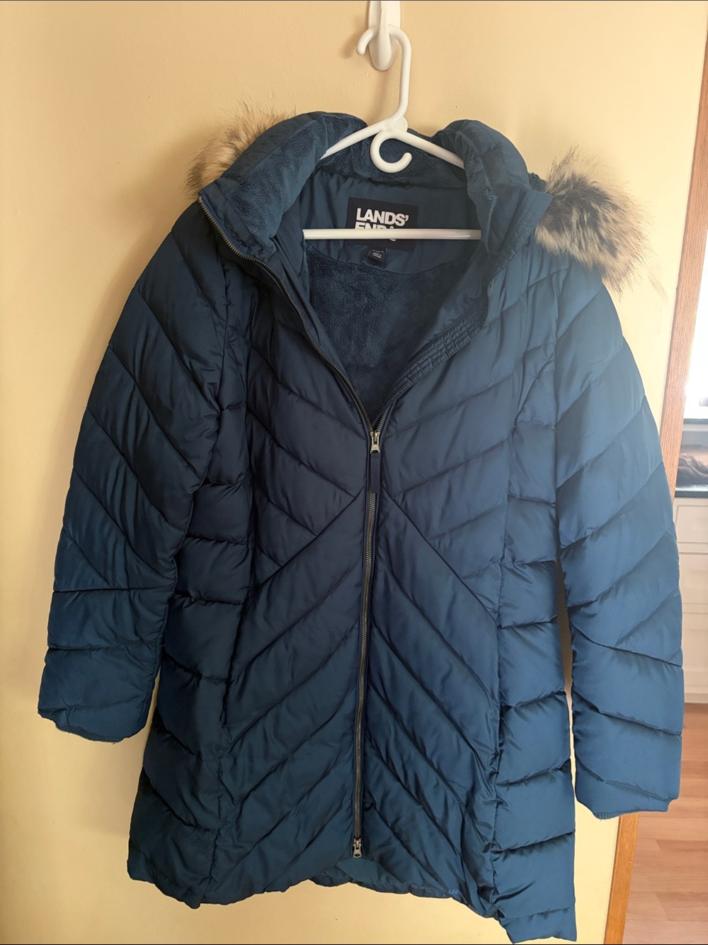 Lands' End Women's Dark Teal Quilted Puffer Coat with Faux Fur-Trim Hood-XL Tall